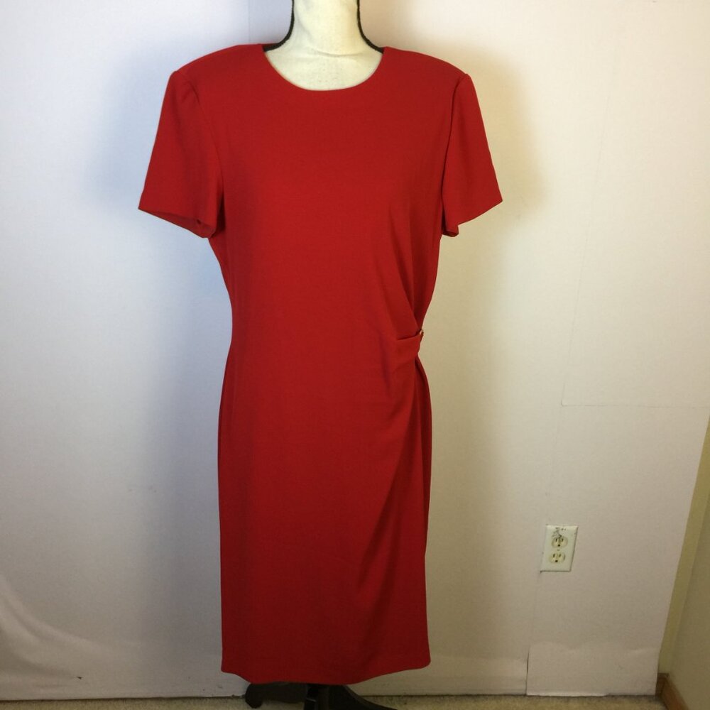 David Warren New York Sheath Dress Size 14 Womens Red Short Sleeve Ruched Waist